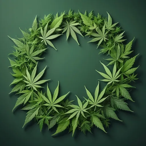 Prompt: (semi-circular wreath of marijuana leaves), varying shades of green, richly textured foliage, botanical illustration, vibrant emerald and sage tones, natural and organic, intricate details in leaf structure, serene atmosphere, nature-focused, high contrast lighting, minimalist background, HD, ultra-detailed, elegantly arranged composition, sophisticated style.