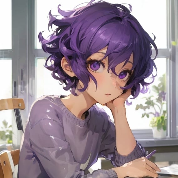 Prompt: young man with short curly violet hair.
The young man sits at a desk looking out the window.
The young man wears a fiusha sweatshirt.
the young man is very thin.