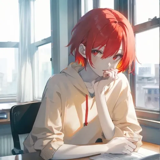 Prompt: young man with short, straight, well-combed pale red hair
The young man is sitting at a desk looking out the window, inside a colorful room.
The young man is wearing a black sweatshirt.
The young man is very thin.