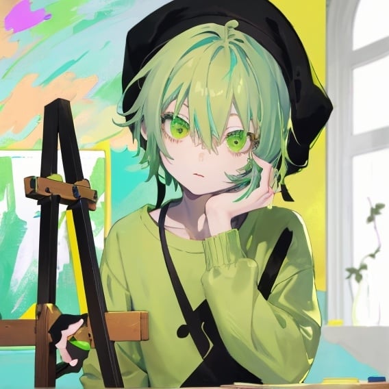 Prompt: young man with short, straight, tousled pale green hair
The young man is sitting at an easel, inside a colorful room.
The young man is wearing a black sweatshirt.
The young man is very thin.