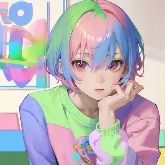 Prompt: young man with short, straight and tousled pale pink hair
The young man is sitting at an easel, inside a colorful room.
The young man is wearing a sweatshirt with the gay flag.
The young man is very thin.