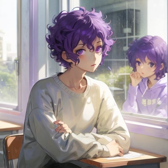 Prompt: young man with short curly violet hair.
The young man sits at a desk looking out the window.
The young man wears a fiusha sweatshirt.
the young man is very thin.