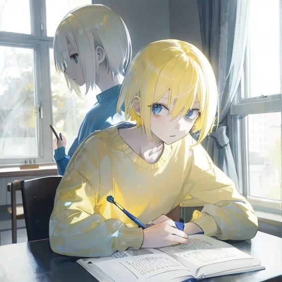 Prompt: The young man with short, straight, well-combed pale yellow hair.
The young man is sitting at a desk looking out the window.
The young man is wearing a blue sweatshirt.
The young man is very thin.