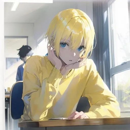 Prompt: The young man with short, straight, well-combed pale yellow hair.
The young man is sitting at a desk looking out the window.
The young man is wearing a blue sweatshirt.
The young man is very thin.