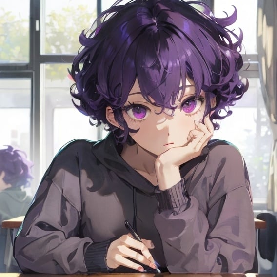 Prompt: the young man with short dark purple hair, a little curly and tousled
The young man is sitting at a desk looking out the window.
The young man is wearing a black sweatshirt.
The young man is very thin.