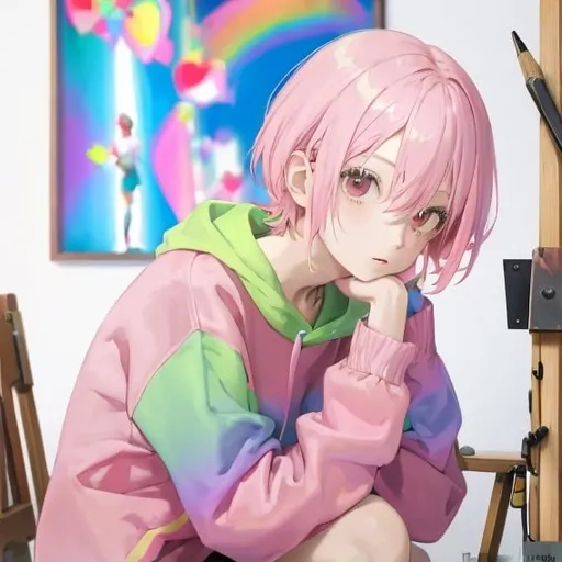 Prompt: young man with short, straight and tousled pale pink hair
The young man is sitting at an easel, inside a colorful room.
The young man is wearing a sweatshirt with the gay flag.
The young man is very thin.