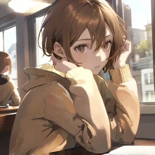 Prompt: the young man with short, straight and tousled pale brown hair
The young man is sitting at a desk looking out the window.
The young man is wearing a dark brown sweatshirt.
The young man is very thin.