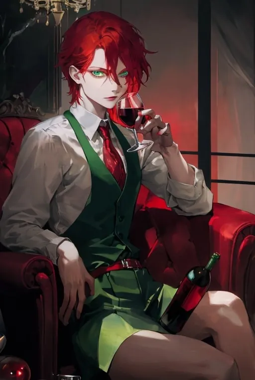 Prompt: The man is sitting on a red armchair, with a glass full of wine in his hand.

The man has a perfect face.
The man finds himself in a dark room, with a light that only illuminates him, making him look like a villain.

The man is effeminate in his face, with red hair and green eyes.



