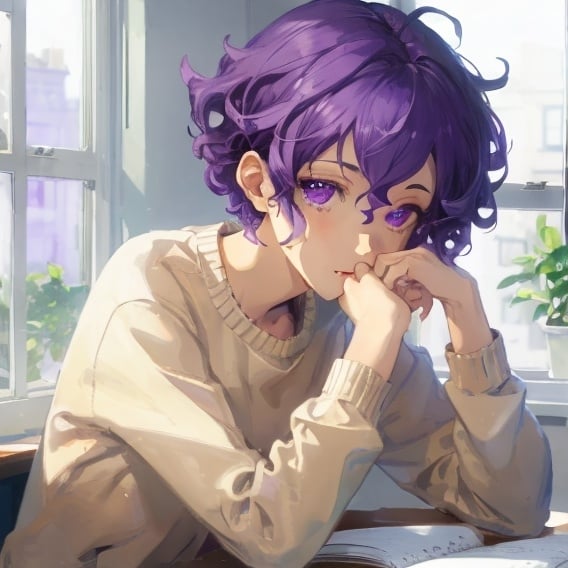 Prompt: young man with short curly violet hair.
The young man sits at a desk looking out the window.
The young man wears a fiusha sweatshirt.
the young man is very thin.