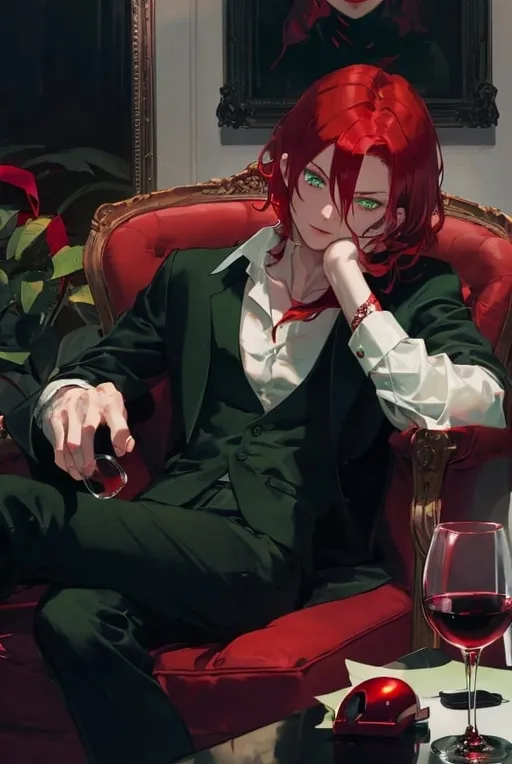 Prompt: The man is sitting on a red armchair, with a glass full of wine in his hand.

The man has a perfect face.
The man finds himself in a dark room, with a light that only illuminates him, making him look like a villain.

The man is effeminate in his face, with red hair and green eyes.


