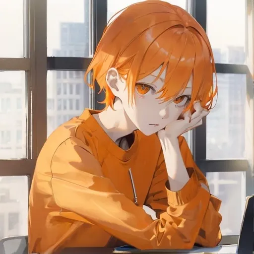 Prompt: young man with short, straight, well-combed pale orange hair
The young man is sitting at a desk looking out the window.
The young man is wearing a black sweatshirt.
The young man is very thin.