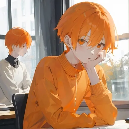 Prompt: young man with short, straight, well-combed pale orange hair
The young man is sitting at a desk looking out the window.
The young man is wearing a black sweatshirt.
The young man is very thin.