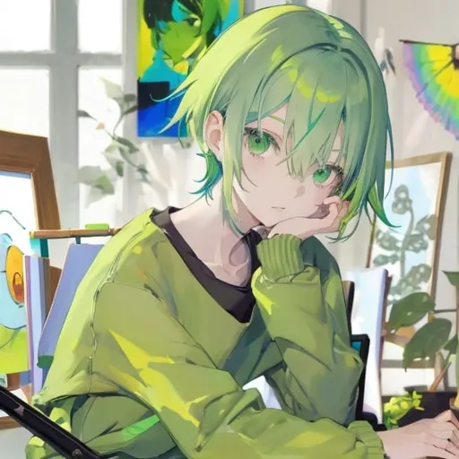 Prompt: young man with short, straight, tousled pale green hair
The young man is sitting at an easel, inside a colorful room.
The young man is wearing a black sweatshirt.
The young man is very thin.