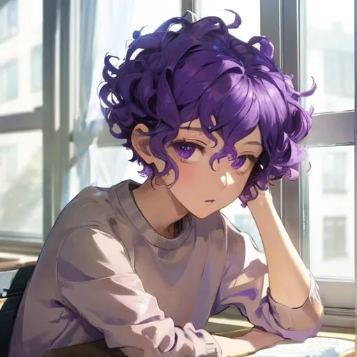 Prompt: young man with short curly violet hair.
The young man sits at a desk looking out the window.
The young man wears a fiusha sweatshirt.
the young man is very thin.