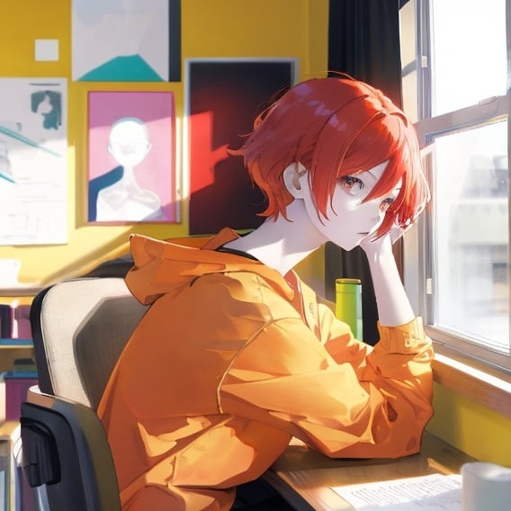 Prompt: young man with short, straight, well-combed pale red hair
The young man is sitting at a desk looking out the window, inside a colorful room.
The young man is wearing a black sweatshirt.
The young man is very thin.