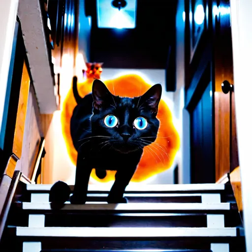 Prompt:  A Blackhole Cat coming down the stairs