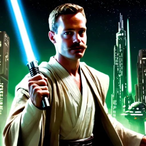 Prompt: "Create an image of evan ohanlon as a Jedi Knight standing in a futuristic city, wearing traditional Jedi robes with a lightsaber in hand. The Jedi should have a calm and determined expression, with a background featuring starships and advanced technology

