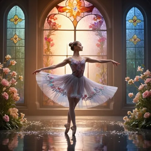 Prompt: (ballet dancer) dancing gracefully among flowers, stained glass effect, reflected in water, elegant pose, ethereal atmosphere, warm tones, vibrant colors, luminous lighting, dreamy ambiance, detailed background with vivid flower patterns, 4K, ultra-detailed, cinematic masterpiece, high depth, enchanting, mesmerizing reflections in water, delicate movements