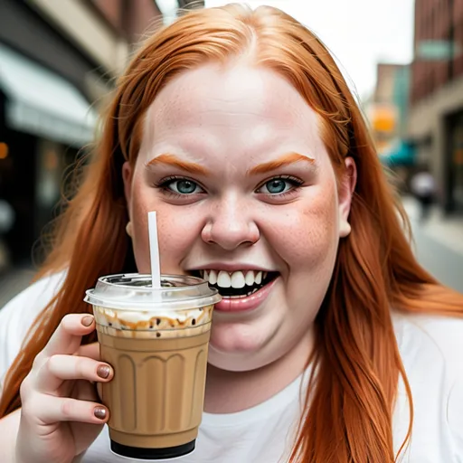 Prompt: obese female ginger 
giant forehead
braces on teeth
big teeth 
iced coffee