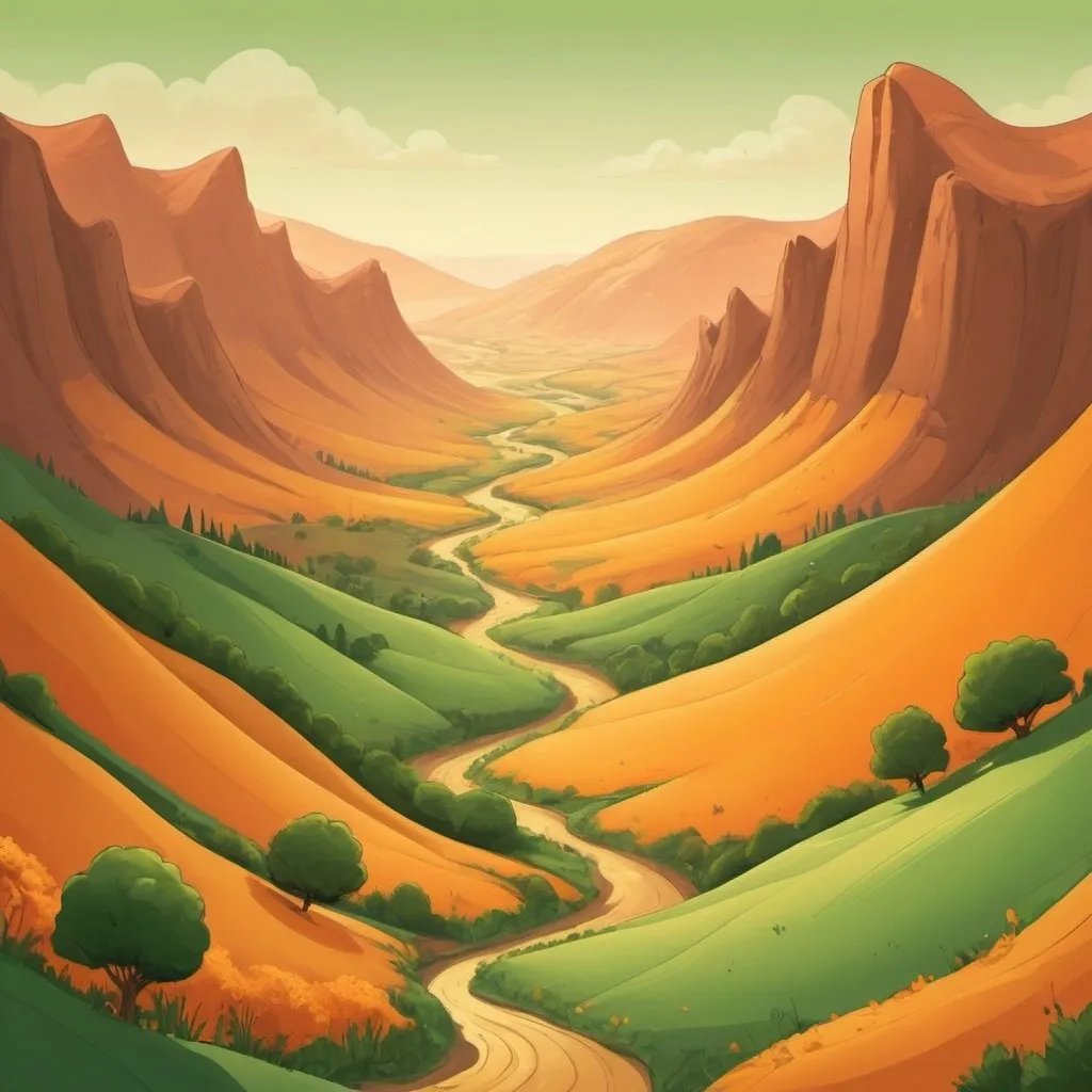 Prompt: a valley of honey and orange hues. cartoony. some green





