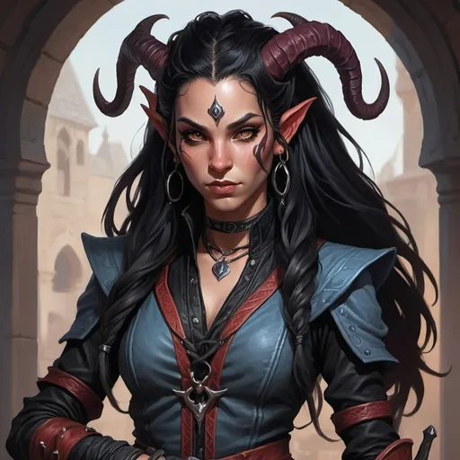 Prompt: young female Tiefling with long braided black hair wears the leathers of an arcane trickster with shadow daggers in both hands 