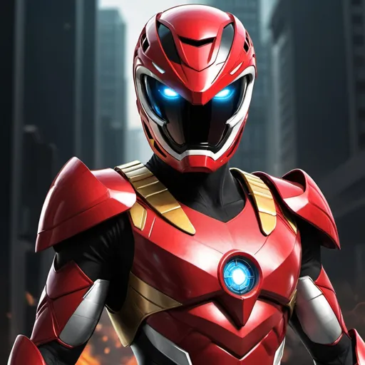 Prompt: The Red Ranger from Power Rangers as Iron Man, digital illustration, high quality, superhero, crossover, futuristic armor, power pose, intense colors, dynamic composition, heroic stance, detailed metallic textures, glowing repulsors, high-tech gadgets, sci-fi, action-packed, dynamic lighting, vibrant red and gold tones, heroic

Create a visually appealing design for red Ranger, incorporating flame and phoenix-themed elements to align with his Phoenix Zord. Consider details such as the helmet, suit, chestplate, belt, boots, gloves, and morpher. The helmet should incorporate phoenix-like accents, and the suit may utilize a vibrant color palette inspired by the flame environment, incorporating reds and whites.

Explore the inclusion of subtle glowing blue parts on the red parts of the suit. The chestplate could feature Irons Man power emblem, . The belt might incorporate design elements inspired by a phoenix's flame feathers or other phoenix-related motifs.

Ensure the boots and gloves provide both style and protection, possibly with metallic plating featuring phoenix-like textures. The morpher should resemble a mythical artifact with an engraved phoenix emblem, serving as a key to access the morphin grid and summon the Red Ranger powers.

This design aims to capture the essence of flame, emphasizing the male Red Ranger's connection to the Phoenix Zord and the natural world. Adjustments can be made based on specific preferences or additional details.

full view, full body view, Comic book style, digital art, retro-futuristic, Tokyo Ghost style, Sean Murphy inspired, high contrast, gritty urban, professional artwork