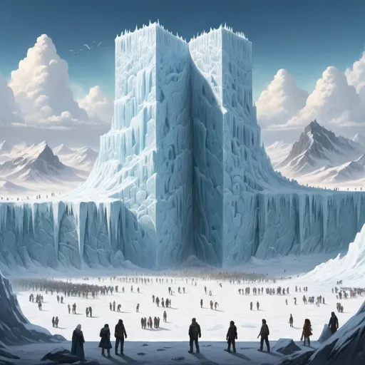 Prompt: 
A flat and wide land. A very large ice wall. The earth is divided into two parts. One side is the wall of people and tall and urban buildings. The other side is the wall of heaven with legendary creatures.