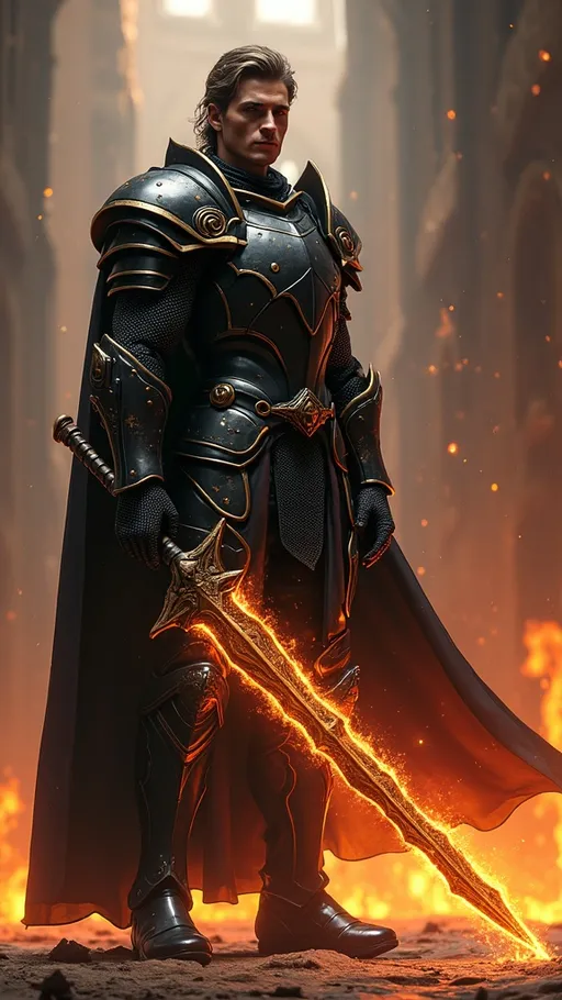 Prompt: Handsome young knight, prince and heir to the demon lord, muscula arms & legs,  black armor with gold trim, holding legendary fire demon sword