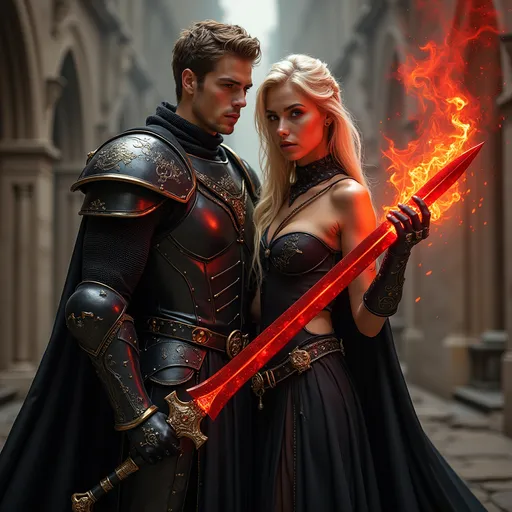 Prompt: Handsome young knight, prince and heir to the demon lord, muscula arms & legs, black armor with gold trim, holding legendary fire demon sword, standing with a beautiful blonde, abyss sorceress, fit, toned muscles, wearing black sheer cape that flows behind her, red etheral magic radiating from her hands displaying her infinite power