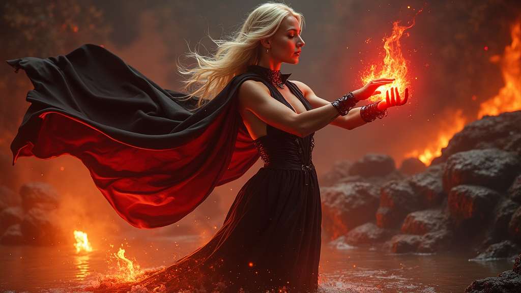 Prompt: beautiful blonde, abyss sorceress, fit, toned muscles, wearing black satin cape that flows behind her, bathing in lava surrounded by a valley of flames, red etheral magic radiating from her hands displaying her infinite power