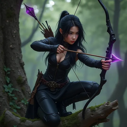 Prompt: Beautiful asian, fit, toned arms and legs, dark fantasy ranger, wearing black leather that accentuated her figure, crouched on a tree limb with a legendary onyx bow with a magical arrow, the arrow head radiating purple etheral magic