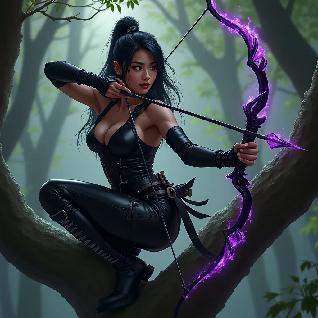 Prompt: Beautiful asian, fit, toned arms and legs, dark fantasy ranger, wearing black leather that accentuated her figure, crouched on a tree limb with a legendary onyx bow with a magical arrow, the arrow head radiating purple etheral magic