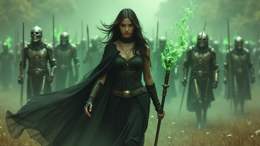 Prompt: beautiful brunette, necromancer, fit, toned muscles, wearing black sheer cape that flows behind her, walking through a battle field, holding her magical staff with green etheral magic radiating from it, an army of summoned skeleton knights behind her