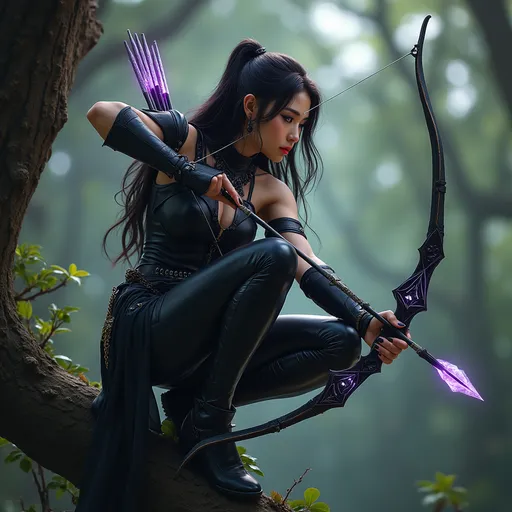 Prompt: Beautiful asian, fit, toned arms and legs, dark fantasy ranger, wearing black leather that accentuated her figure, crouched on a tree limb with a legendary onyx bow with a magical arrow, the arrow head radiating purple etheral magic