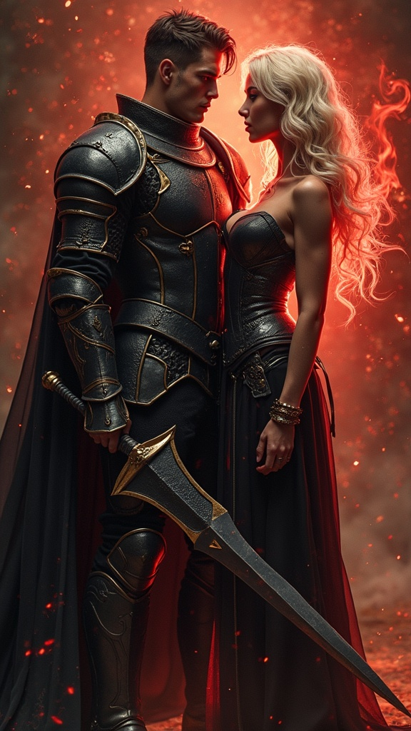 Prompt: Handsome young knight, prince and heir to the demon lord, muscula arms & legs,  black armor with gold trim, holding legendary fire demon sword, standing with his hot blonde, abyss sorceress, well endowed chest, fit, toned muscles, wearing black sheer cape that flows behind her, red etheral magic radiating from her hands displaying her infinite power