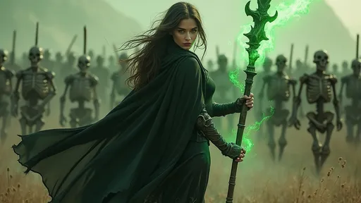 Prompt: beautiful brunette, necromancer, fit, toned muscles, wearing black sheer cape that flows behind her, walking through a battle field, holding her magical staff with green etheral magic radiating from it, an army of summoned skeleton knights behind her