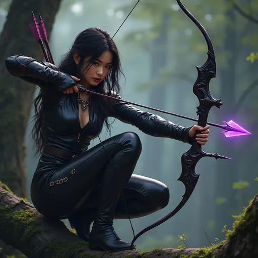 Prompt: Beautiful asian, fit, toned arms and legs, dark fantasy ranger, wearing black leather that accentuated her figure, crouched on a tree limb with a legendary onyx bow with a magical arrow, the arrow head radiating purple etheral magic