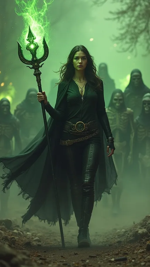 Prompt: beautiful brunette, necromancer, fit, toned muscles, wearing black sheer cape that flows behind her, walking through a battle field, holding her magical staff with green etheral magic radiating from it, an army of summoned skeleton knights behind her