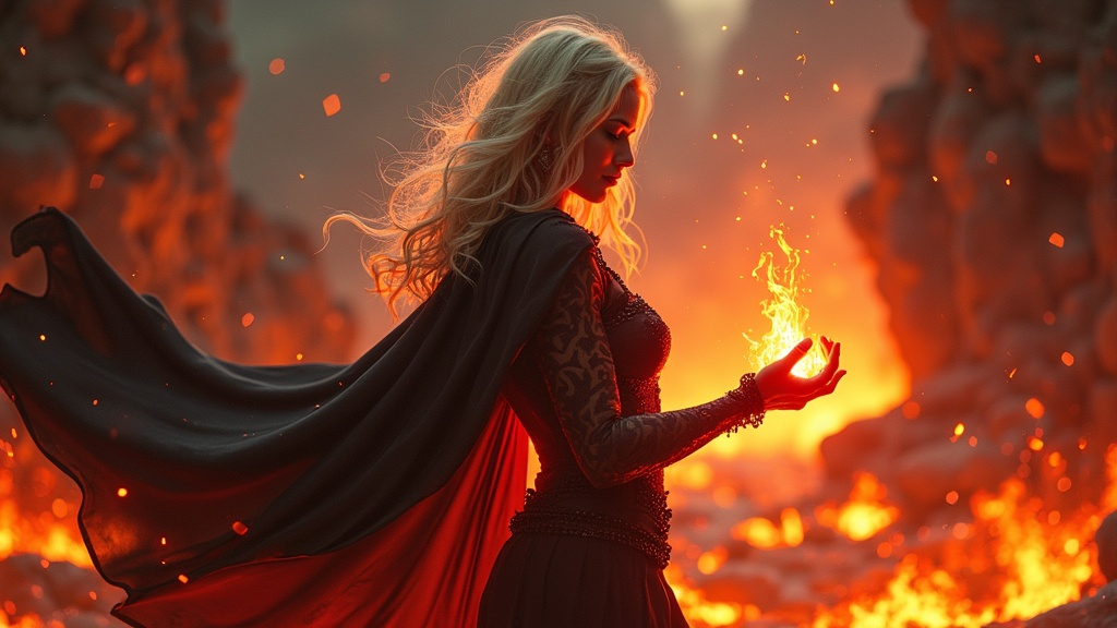 Prompt: beautiful blonde, abyss sorceress, fit, toned muscles, wearing black satin cape that flows behind her, bathing in lava surrounded by a valley of flames, red etheral magic radiating from her hands displaying her infinite power