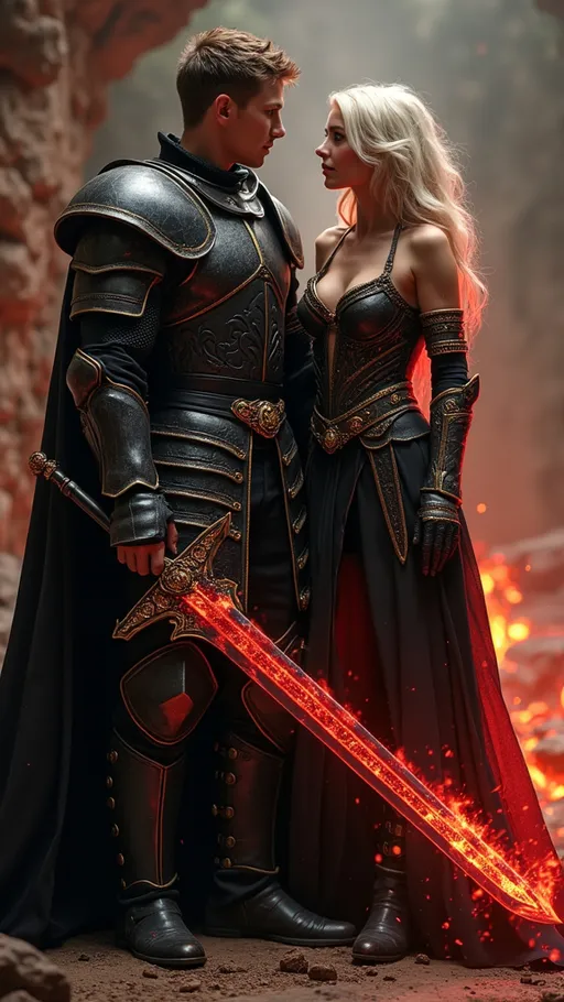 Prompt: Handsome young knight, prince and heir to the demon lord, muscula arms & legs, black armor with gold trim, holding legendary fire demon sword, standing with a beautiful blonde, abyss sorceress, fit, toned muscles, wearing black sheer cape that flows behind her, red etheral magic radiating from her hands displaying her infinite power