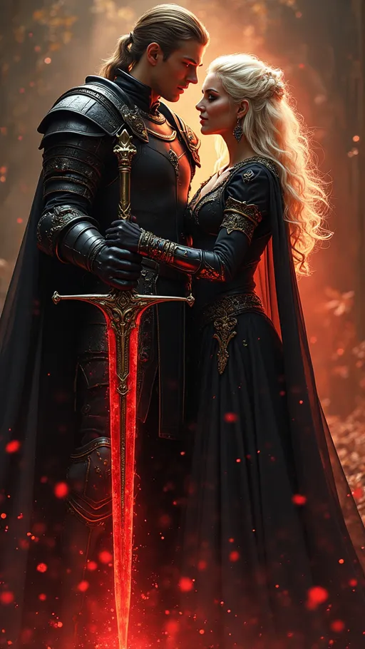 Prompt: Handsome young knight, prince and heir to the demon lord, muscula arms & legs,  black armor with gold trim, holding legendary fire demon sword, standing with his hot blonde, abyss sorceress, well endowed chest, fit, toned muscles, wearing black sheer cape that flows behind her, red etheral magic radiating from her hands displaying her infinite power