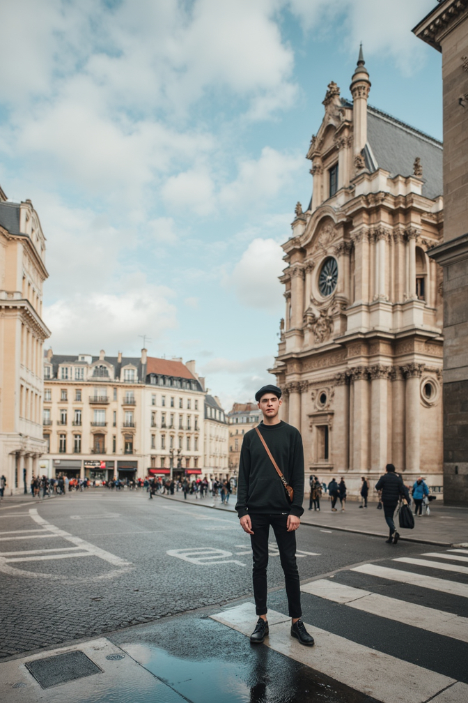 Prompt: Bathed in soft natural light, a young man stands at the forefront of the image, providing a candid self-portrait. He has a neutral expression and is dressed in a casual black sweatshirt, with a crossbody bag slung across his shoulder.
 The backdrop showcases picturesque Parisian architecture characterized by ornate buildings and a striking church with intricate details, under a blue sky dotted with fluffy clouds. The scene is set in the late afternoon, casting soft, flattering light across the wet pavement, which reflects the surrounding environment. Her black beret and chic handbag add to her sophisticated aesthetic, while the lively street atmosphere hints at a thriving city life. This moment captures a blend of elegance and urban charm, evoking a sense of fashionable exploration.
