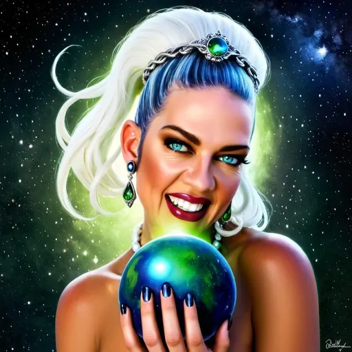 Prompt: a full body dark tan skin bright green eyes woman with pearls her neck in a midnight blue dress with pearl jewel in her hand, Anne Stokes, fantasy art, angelic, background galaxy adding soft but colorful planets lots of greenery plants silver hair add black streaks long and full curls

