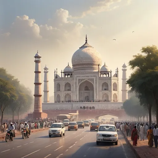 Prompt: Realistic depiction of busy road near Taj Mahal, bustling city traffic, iconic white marble monument, intricate architectural details, dusty atmospheric lighting, high quality, realistic style, busy street, iconic monument, intricate details, atmospheric lighting, bustling city traffic