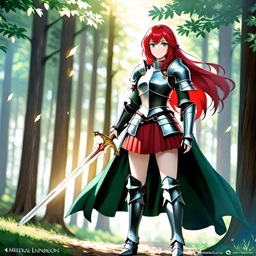 Prompt: full body female, bright red hair, emerald green eyes, light medieval armor, sword on hip, forest background, natural lighting, vibrant colors, high quality, knight, detailed eyes, vibrant lighting, medieval fantasy, detailed armor, intense gaze, professional