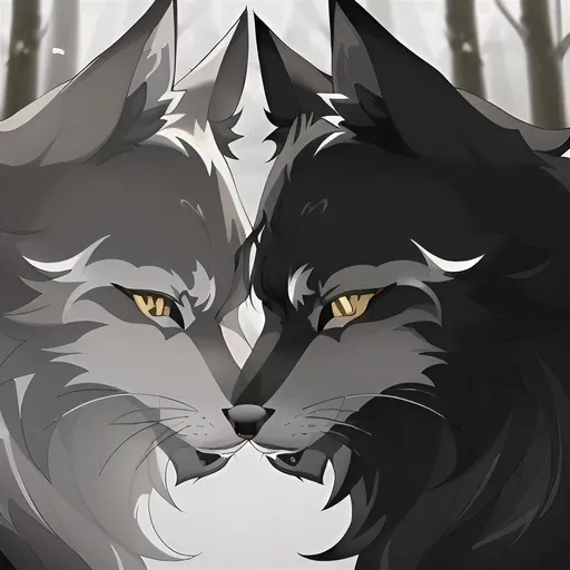 Prompt: Two sleek wolves in a natural forest setting, brown and black fur, mismatched eye colors, detailed fur with natural reflections, intense and focused gaze, forest background with natural lighting, highres, detailed fur, intense gaze, natural lighting, wildlife, detailed eyes, sleek design, professional, atmospheric lighting