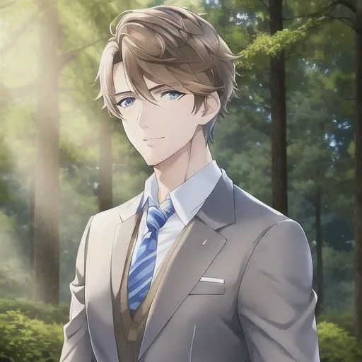 Prompt: Cute male, tall, short light brown hair, deep blue eyes, business casual fashion, forest background, natural lighting, high quality, professional, detailed facial features, realistic, natural tones, atmospheric lighting