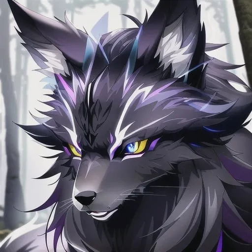 Prompt: sleek wolf in a natural forest setting, purple and black fur, Deep blue eye color, detailed fur with natural reflections, intense and focused gaze, forest background with natural lighting, highres, detailed fur, intense gaze, natural lighting, wildlife, detailed eyes, sleek design, professional, atmospheric lighting