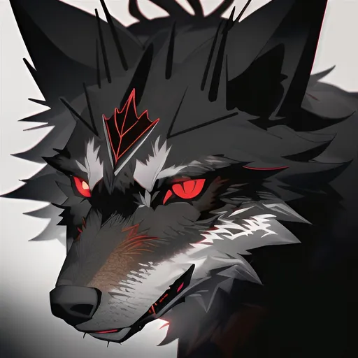 Prompt: Detailed, highres image of a menacing dark grey and brown wolf with fierce red eyes, surrounded by the dense, shadowy depths of a forest, dark, atmospheric lighting, highly detailed fur, realistic, forest background, intense gaze, wildlife, nature, predatory, high quality