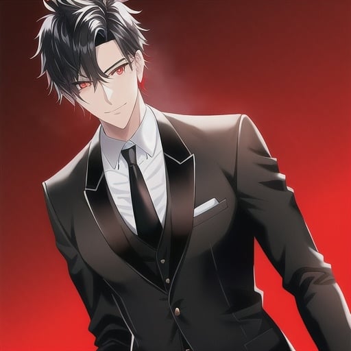 Prompt: Tall fit male, short and messy black hair, red eyes, formal business attire, office background, bright atmosphere, high quality, detailed, realistic, professional, formal, bright lighting, formal attire, detailed eyes, sharp features, tailored suit, atmospheric lighting